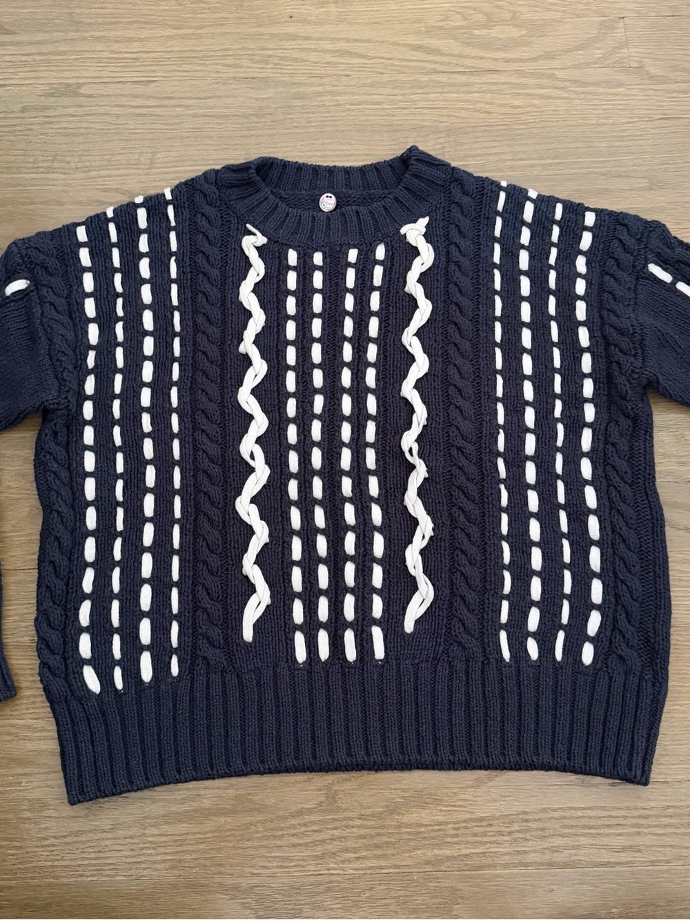 Margaret O'Leary Navy and White Cable Knit Drop Shoulder Pullover Sweater Small